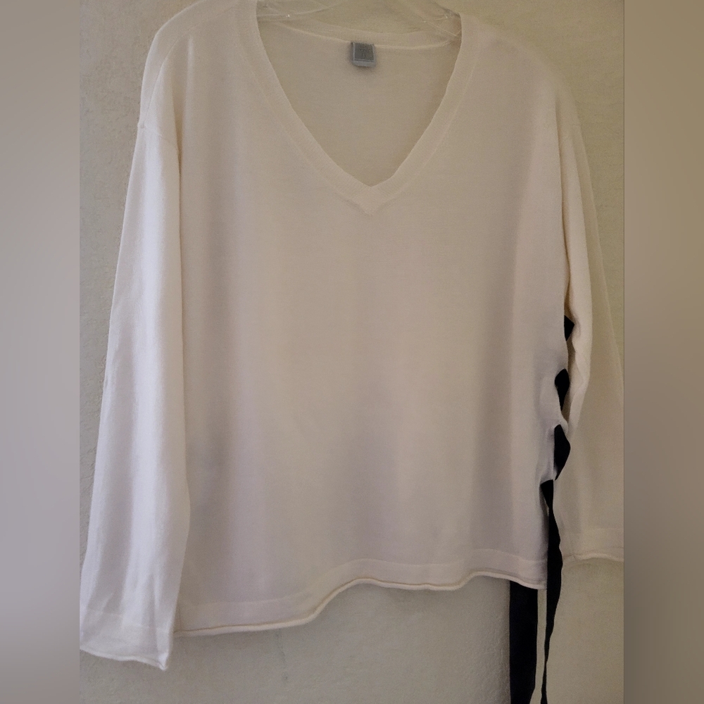 Eleventy Platinum Cashmere Sweater Ivory Womens XS V-neck Lace Up Slouchy - Picture 5 of 14